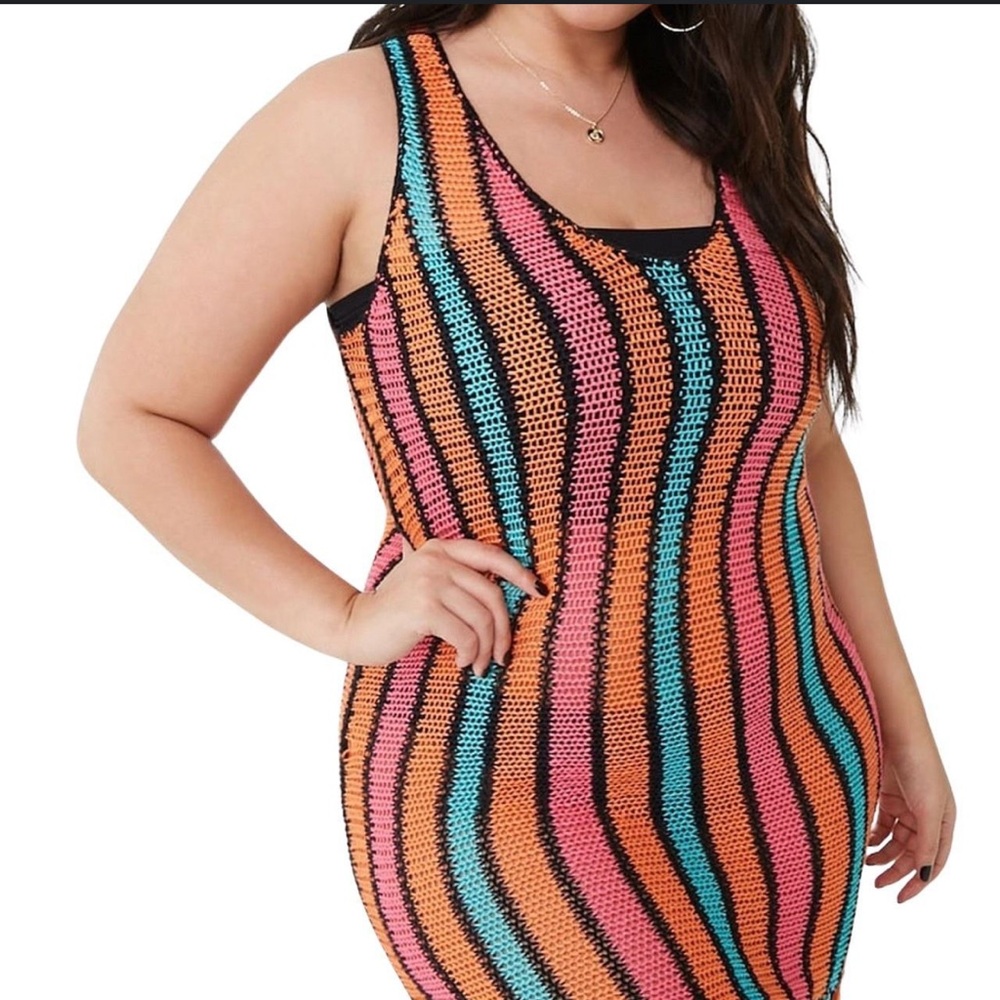 New Forever 21 Crochet Knit Striped Multi-color Dress with Fringe Ends Size S